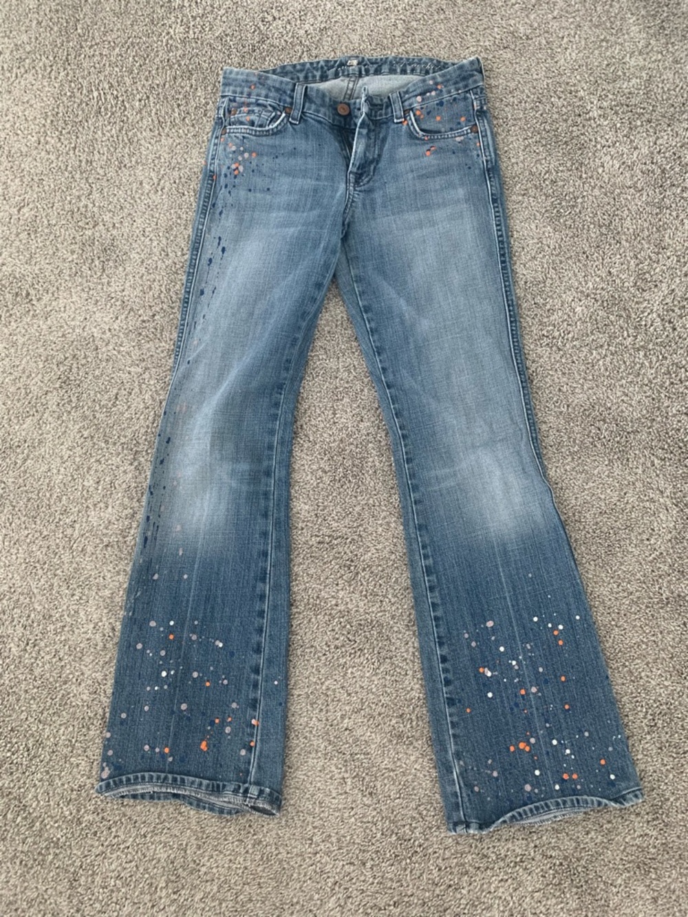7 For All Mankind Blue Denim Flare Jeans with Paint-Splatter